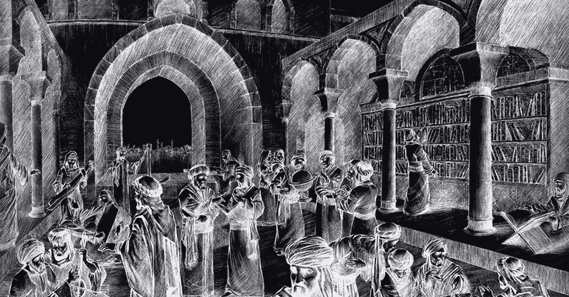 A depiction of the original House of Wisdom — scholars, manuscripts, a celestial globe and shelves of knowledge in Abbasid Baghdad